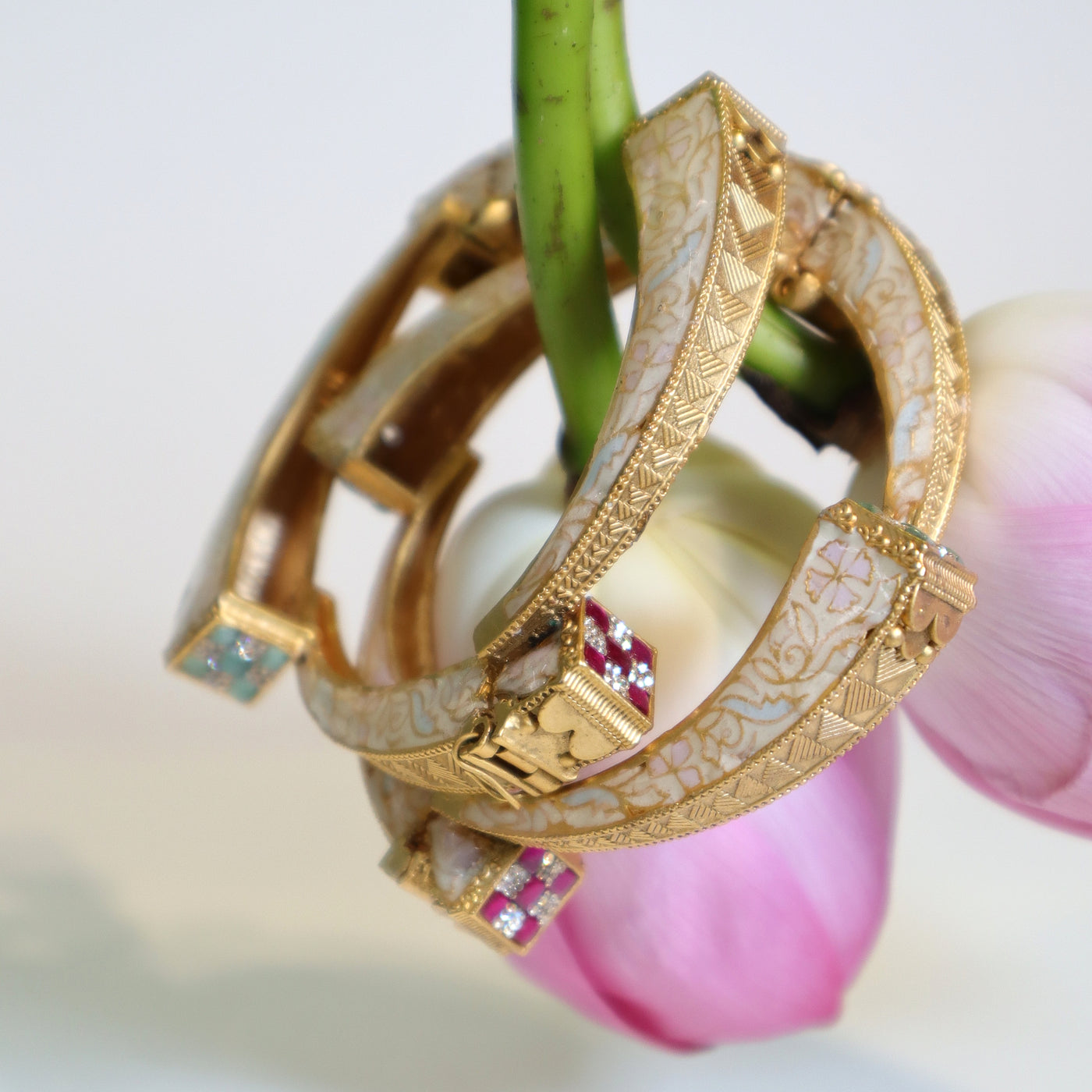 Golden Floral Enamel Bangles with Gems -SIA447541
