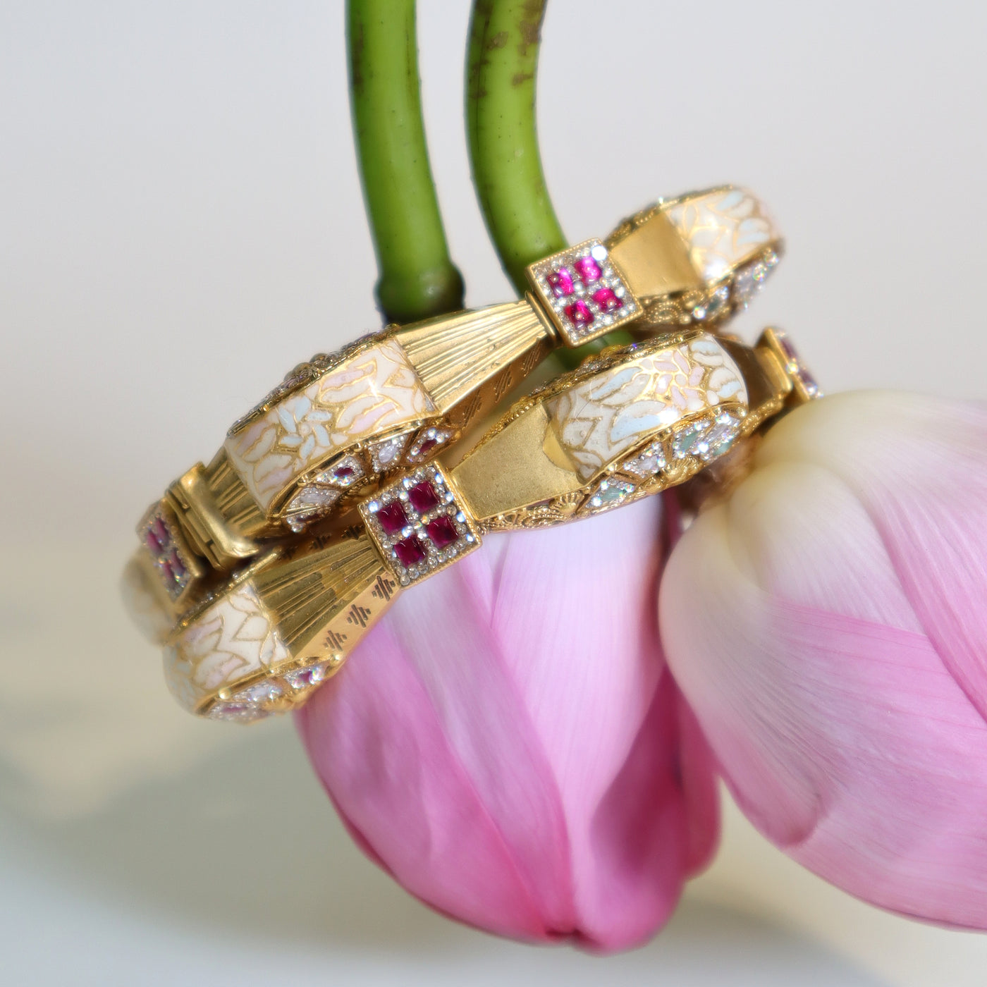 Golden Bangles with White Floral & Ruby Accents -SIA447545