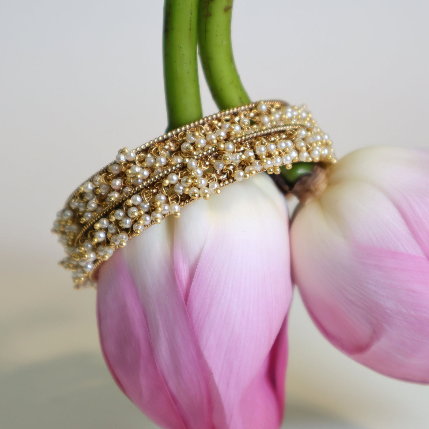 Elegant Gold and Pearl Cluster Bangles with Intricate Beaded Design -SIA447478