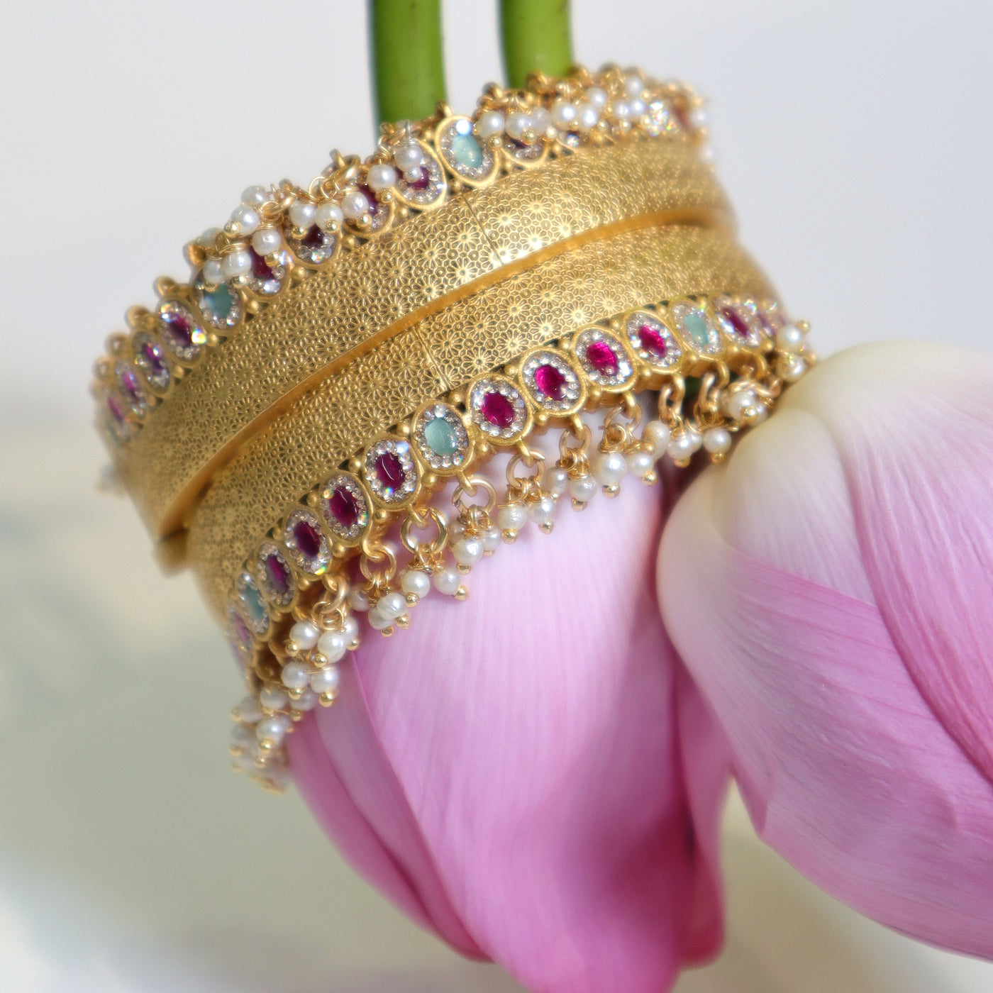 Golden Bangles with Ruby, Aqua Stones & Pearls -SIA447552