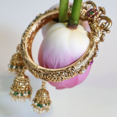 Gold Floral Bangles with Green, Red & White Gemstones -SIA447523