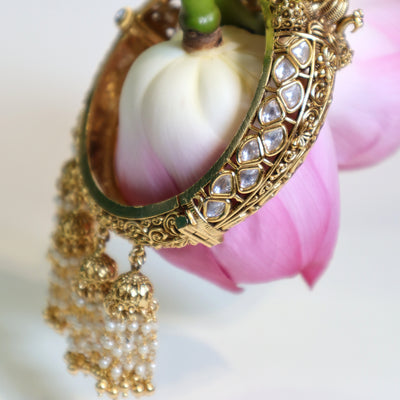 Antique Gold Floral Bangles with White Gems -SIA436080