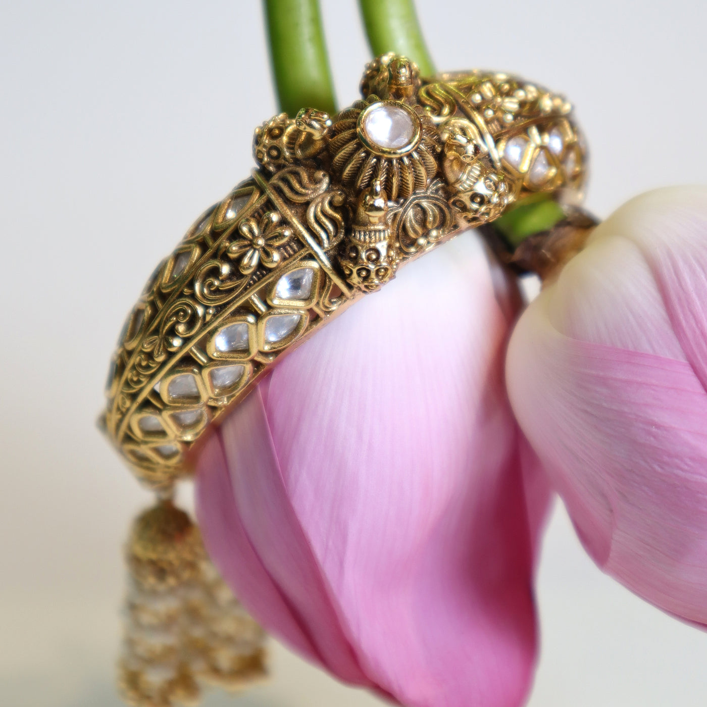 Antique Gold Floral Bangles with White Gems -SIA436080