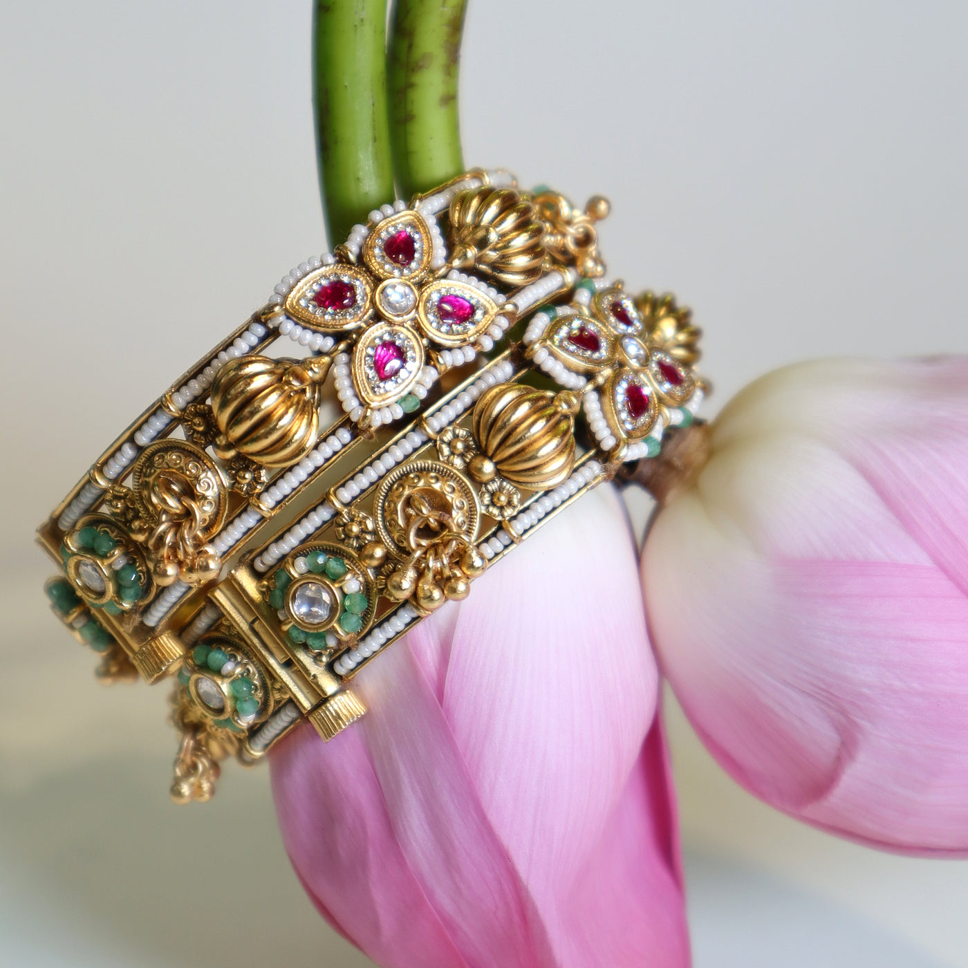 Gold Floral Bangles with Red and Green Accents -SIA447534