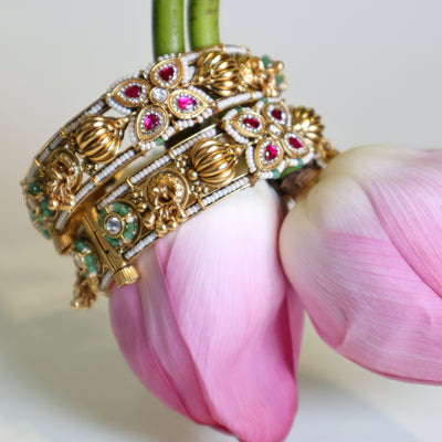 Gold Floral Bangles with Red and Green Accents -SIA447534