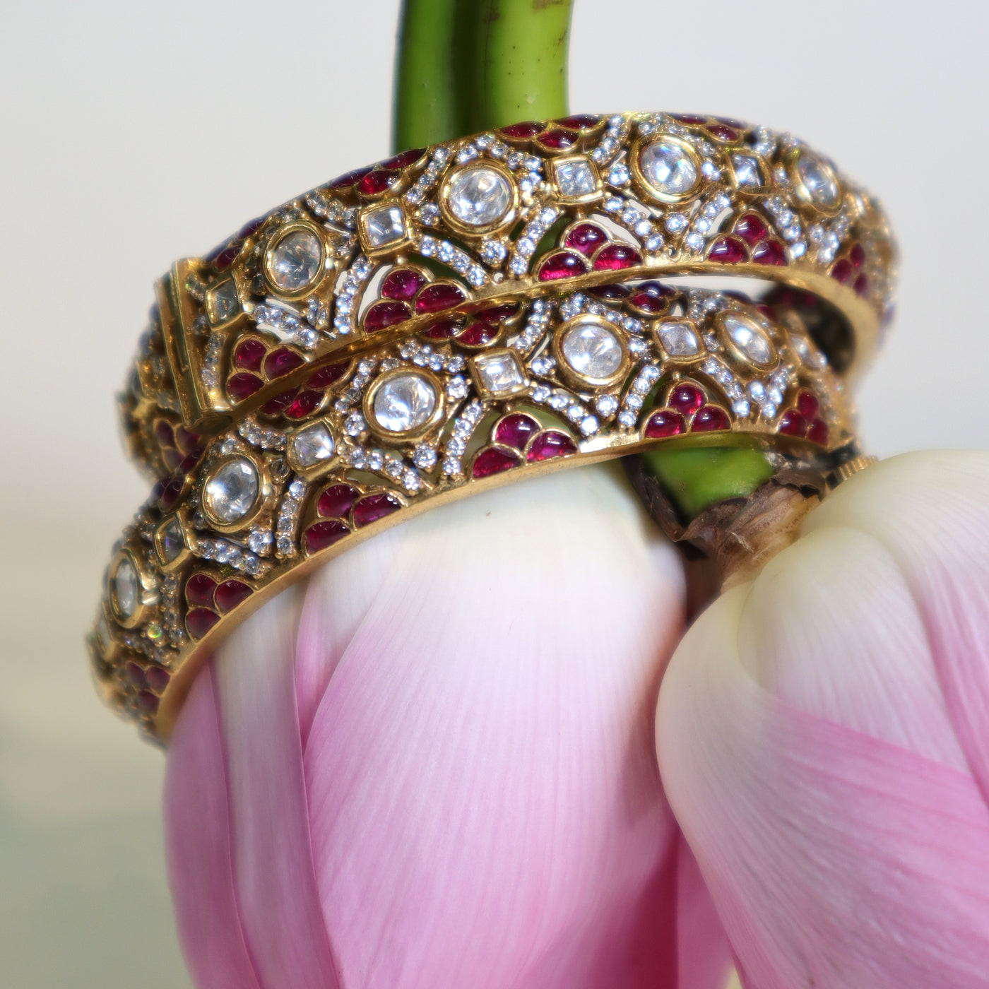 Gold Ruby & Diamond Floral Bangles -SIA447023