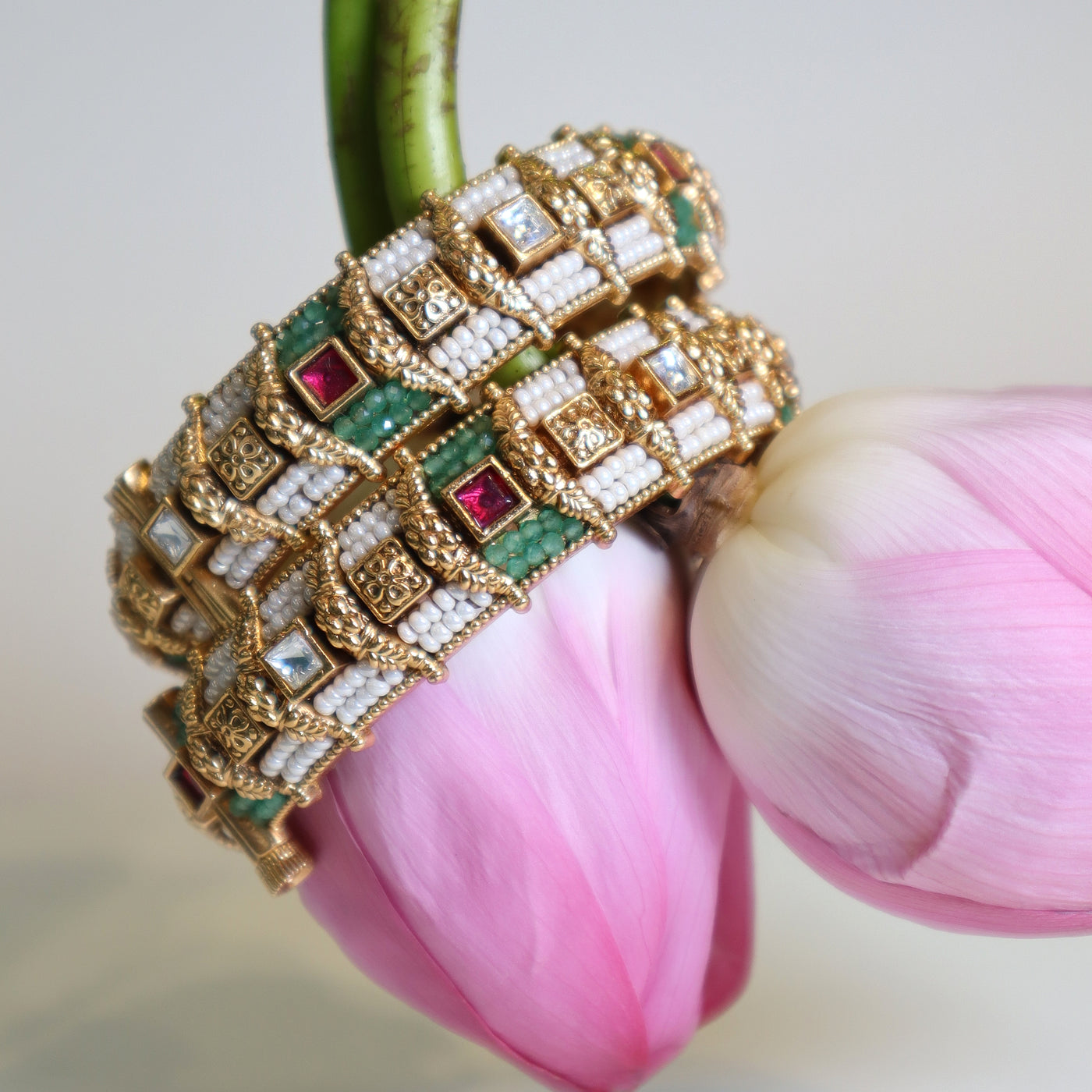 Gold Multicolor Beaded Gemstone Bangles - SIA447526