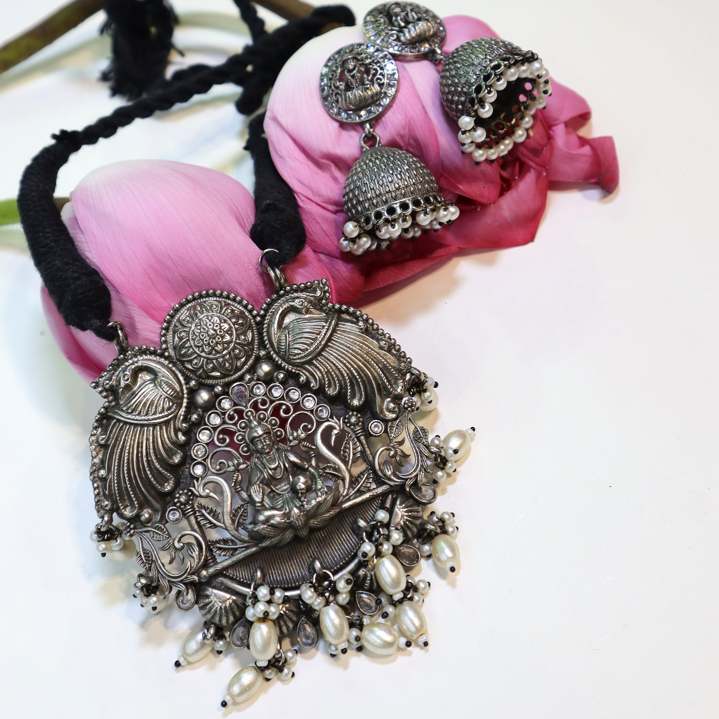 Oxidized Silver Lakshmi Necklace Set with Pearl Drops -SIA452015