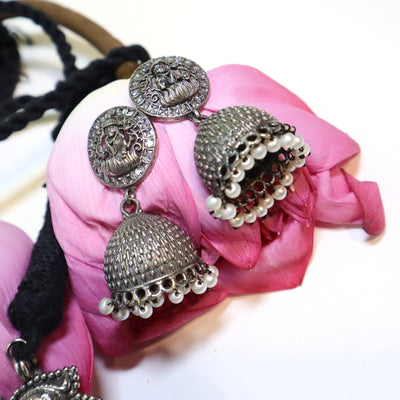Oxidized Silver Lakshmi Necklace Set with Pearl Drops -SIA452015