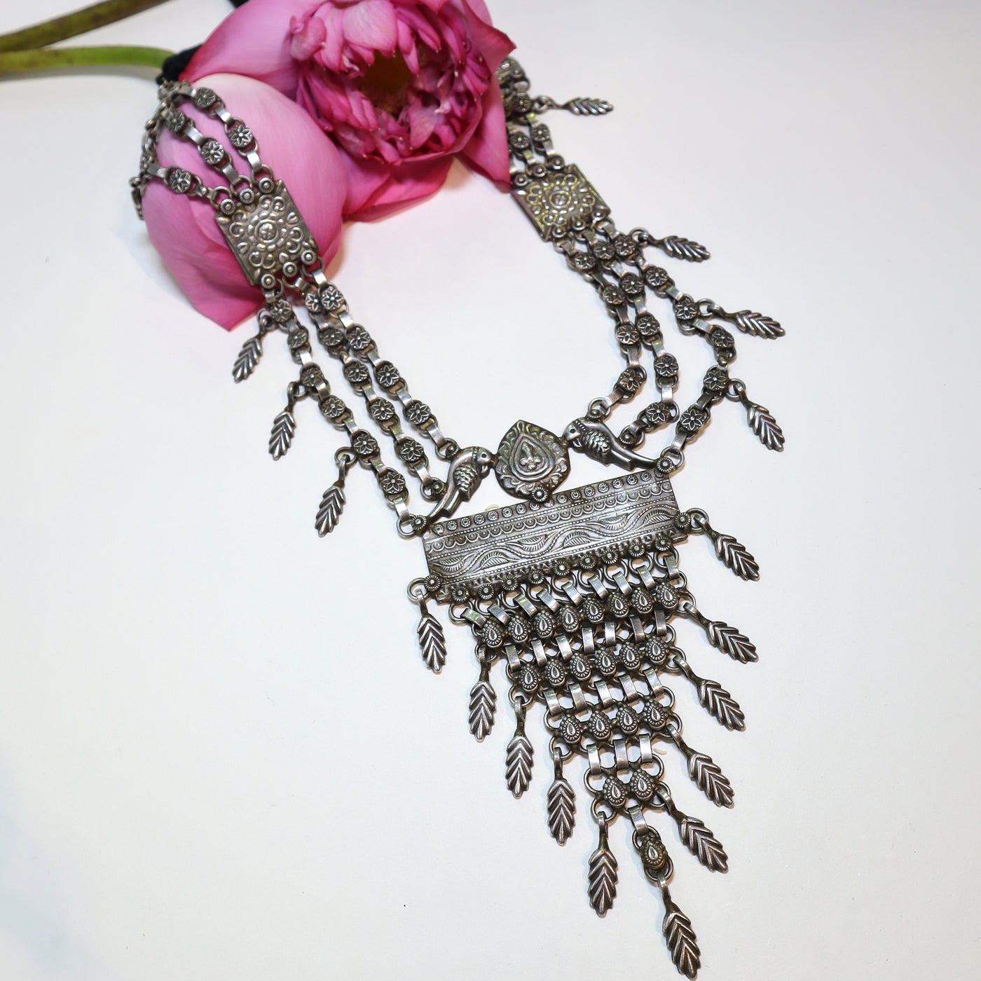 Oxidized Silver Tribal Necklace with Leaf & Bird Motifs -SIA452090