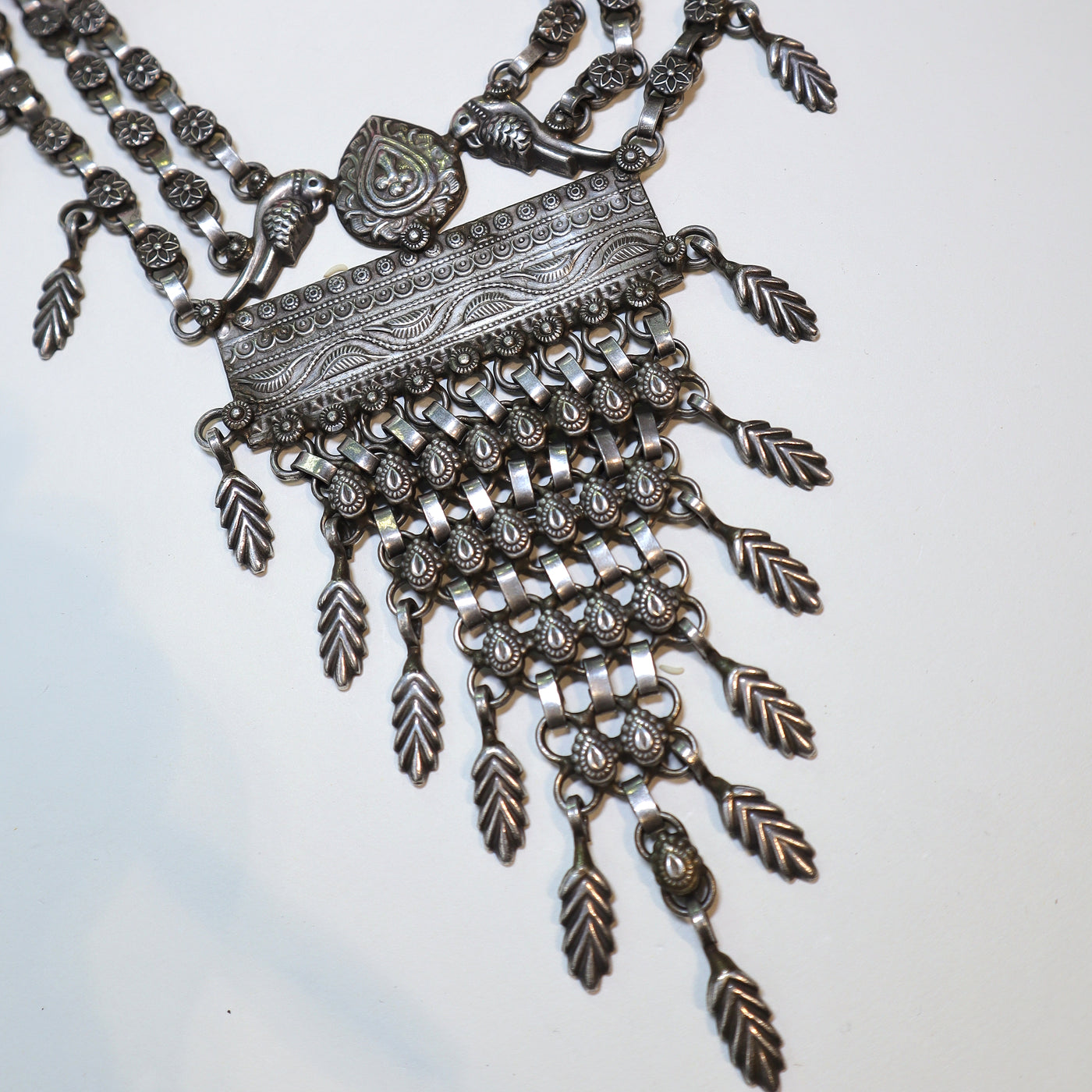 Oxidized Silver Tribal Necklace with Leaf & Bird Motifs -SIA452090