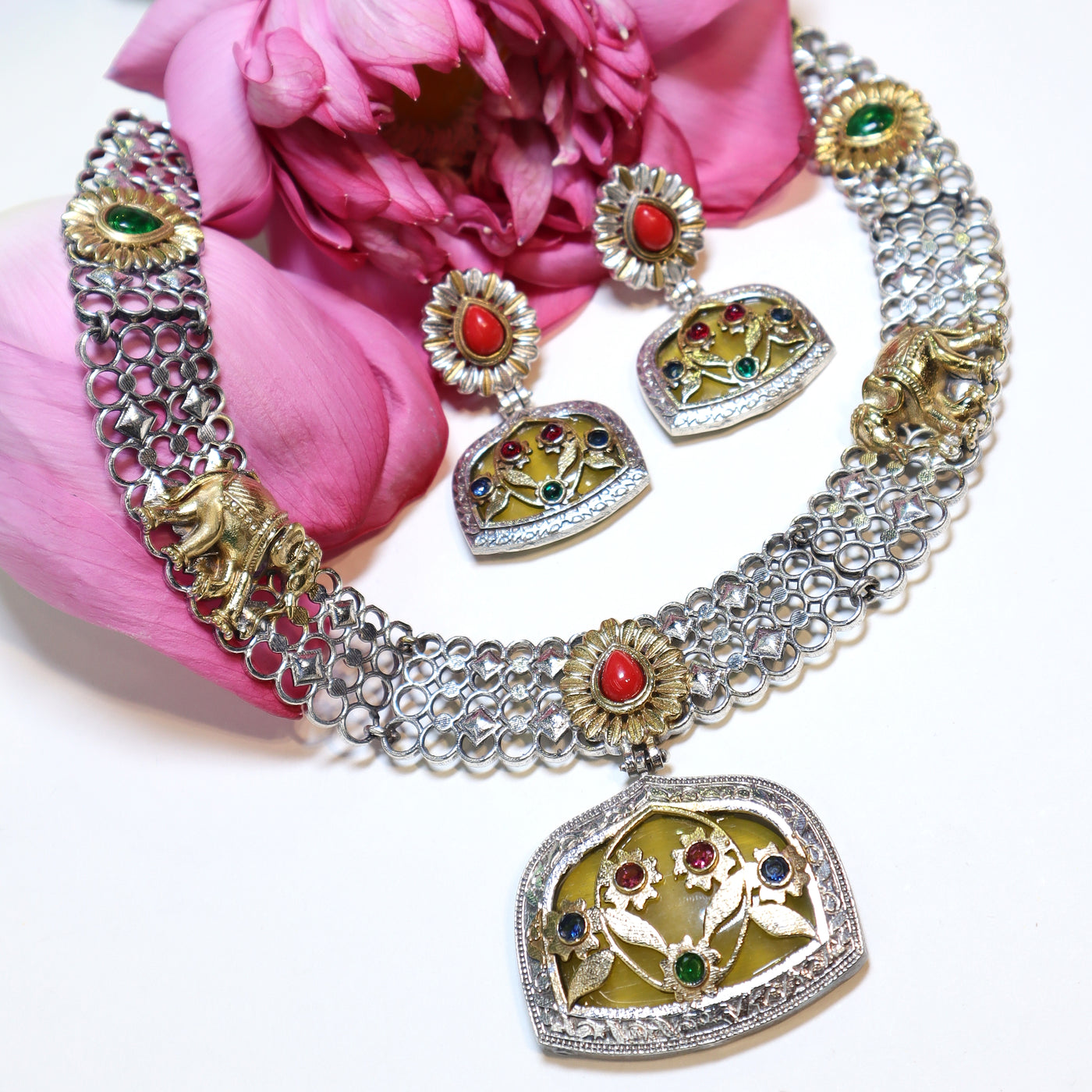 Floral Temple Necklace Set in Dual-Tone with Gem Accents -SIA452044