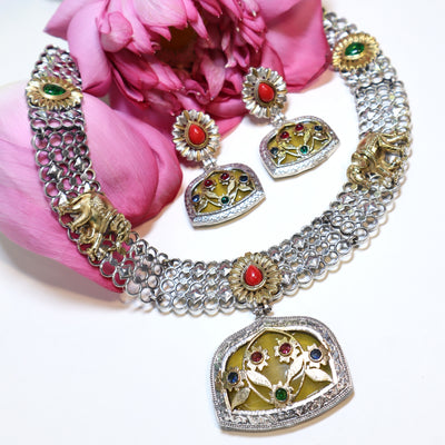 Floral Temple Necklace Set in Dual-Tone with Gem Accents -SIA452044