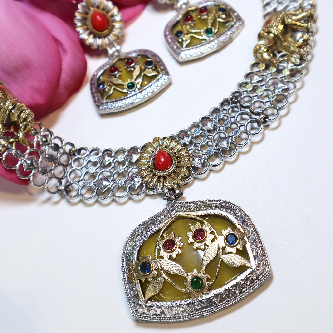 Floral Temple Necklace Set in Dual-Tone with Gem Accents -SIA452044