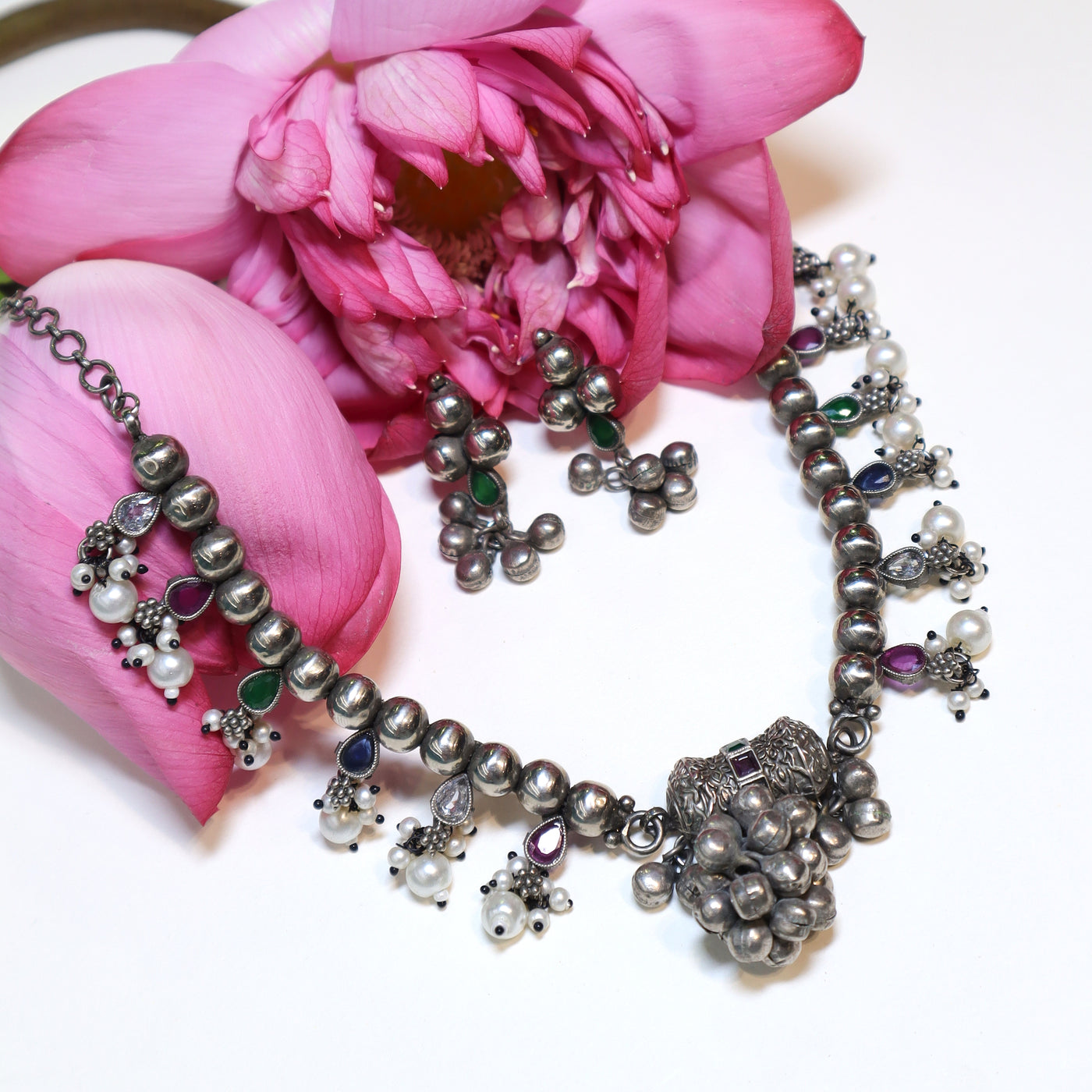 Traditional Oxidized Silver Necklace Set with Multicolor Stones and Pearl Drops -SIA452001