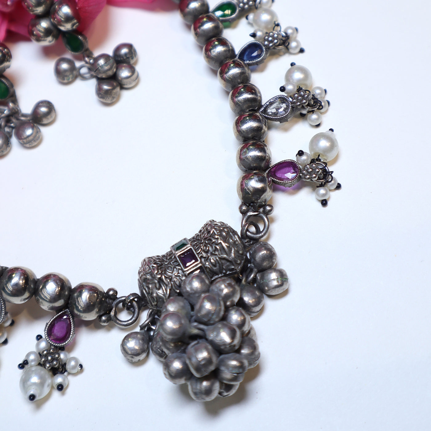 Traditional Oxidized Silver Necklace Set with Multicolor Stones and Pearl Drops -SIA452001