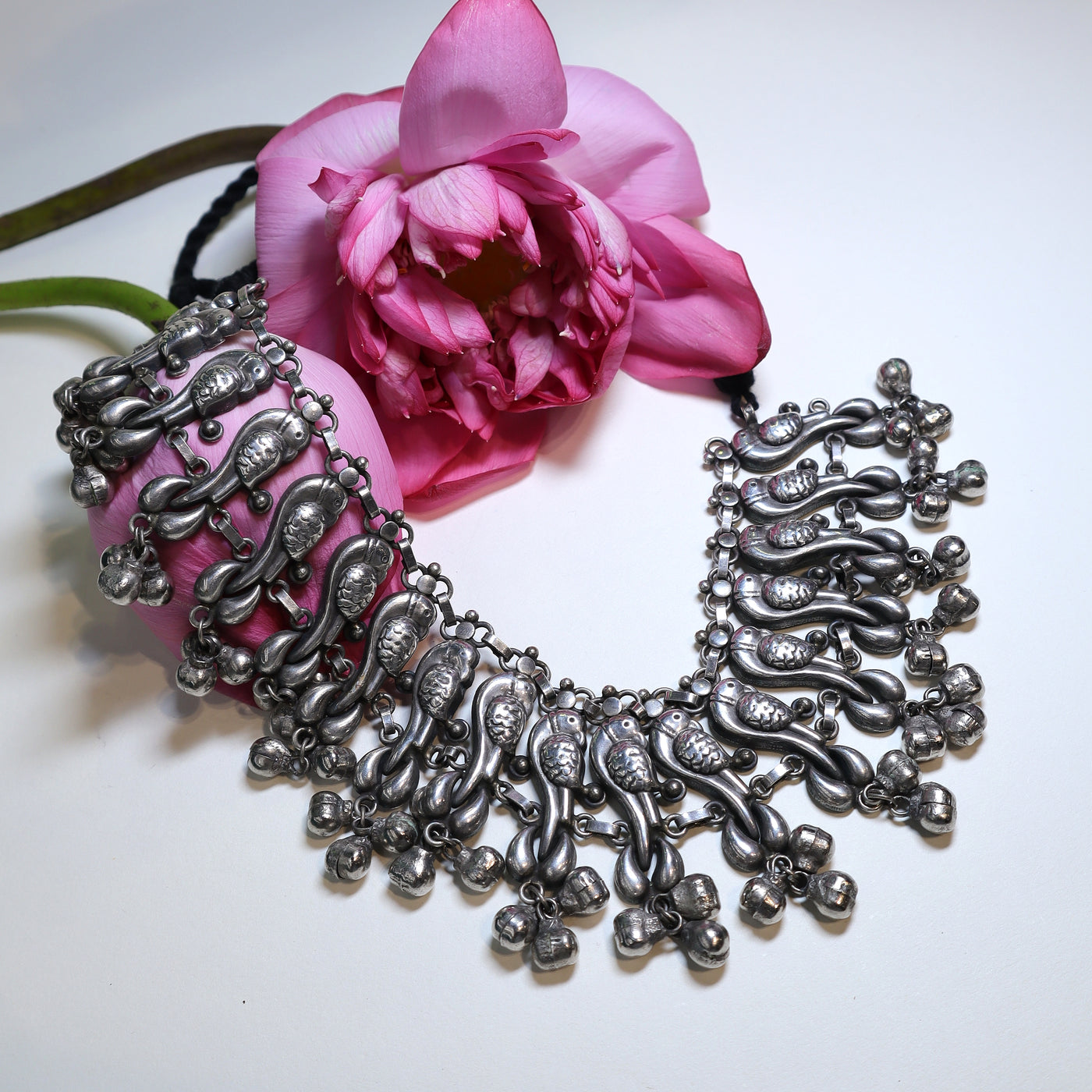 Oxidized Silver Parrot Necklace with Ghungroos -SIA452033
