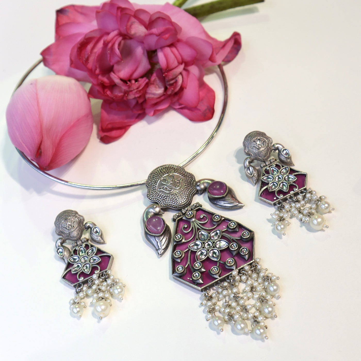 Silver Purple Floral Pearl Necklace & Earrings Set -SIA451999