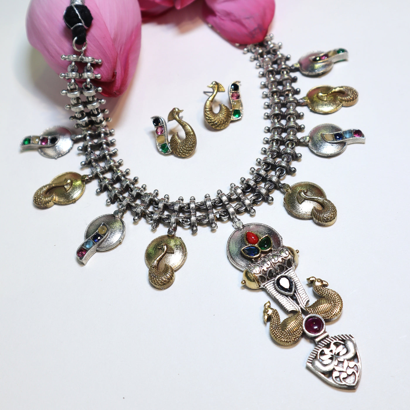 Oxidized Silver Peacock Necklace Set with Multicolor Stones -SIA452016
