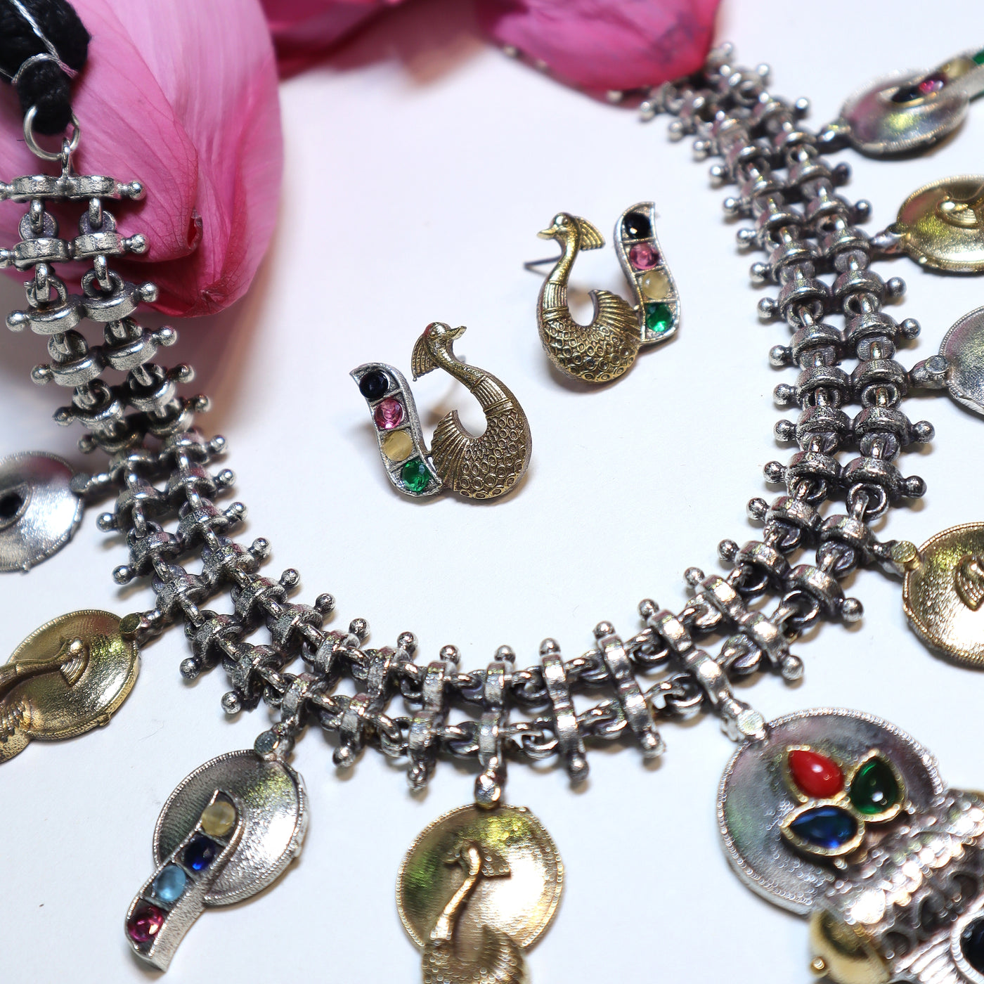 Oxidized Silver Peacock Necklace Set with Multicolor Stones -SIA452016