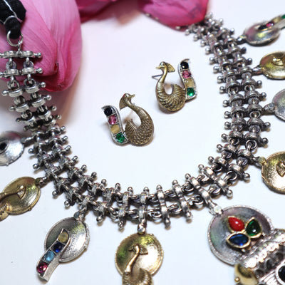 Oxidized Silver Peacock Necklace Set with Multicolor Stones -SIA452016