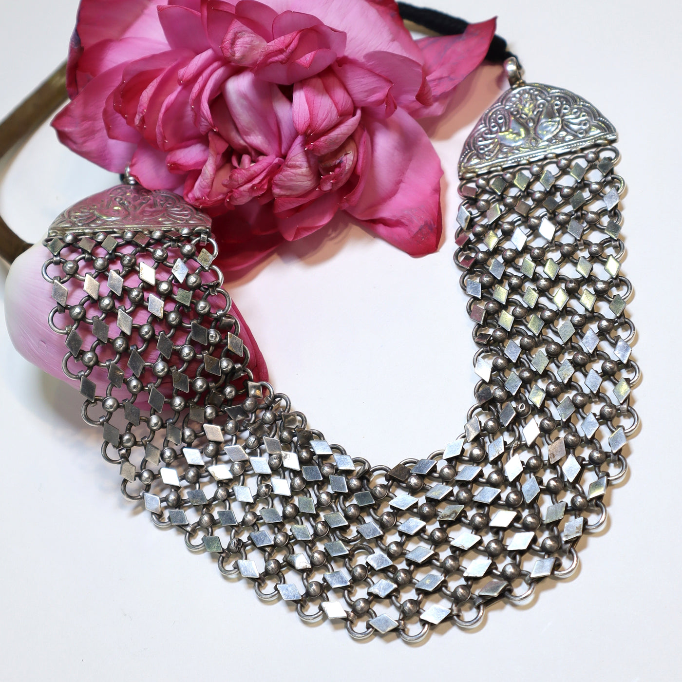Silver Rhombus Chain Necklace with Floral End Caps- SIA452020