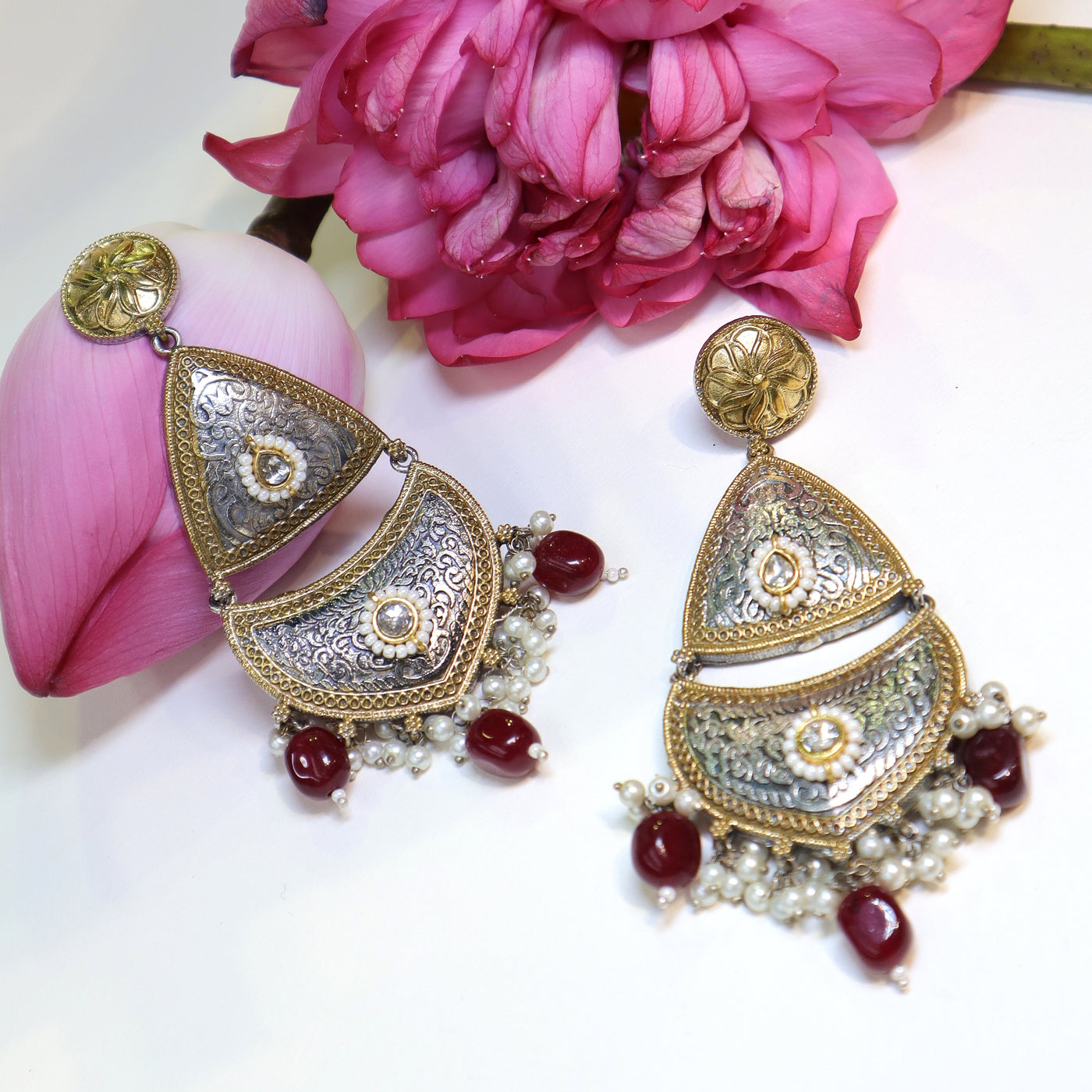 Gold-Silver Tribal Earrings with Red & White Beads -SIA452172