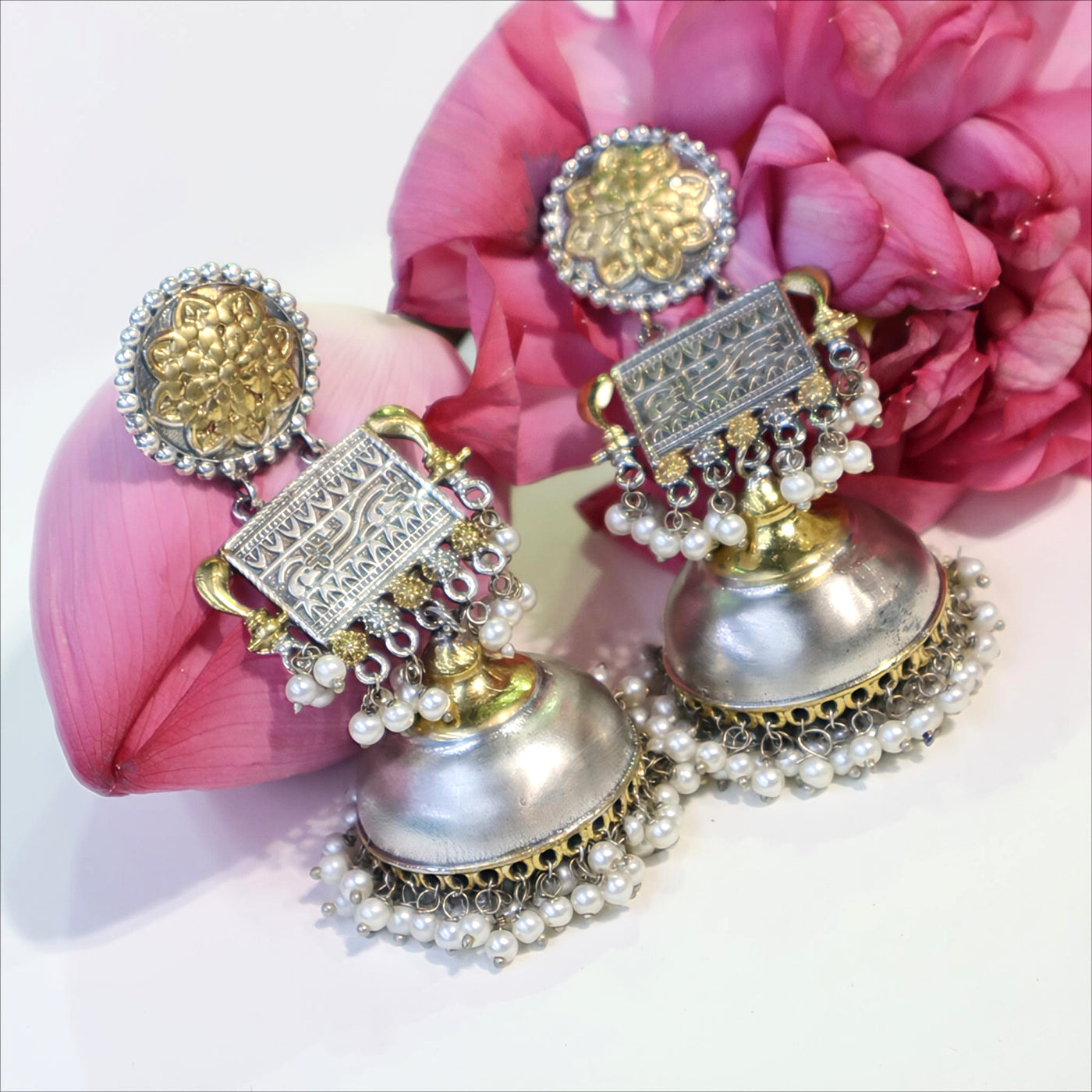 Silver-Gold Jhumka Earrings with Pearls -SIA452177