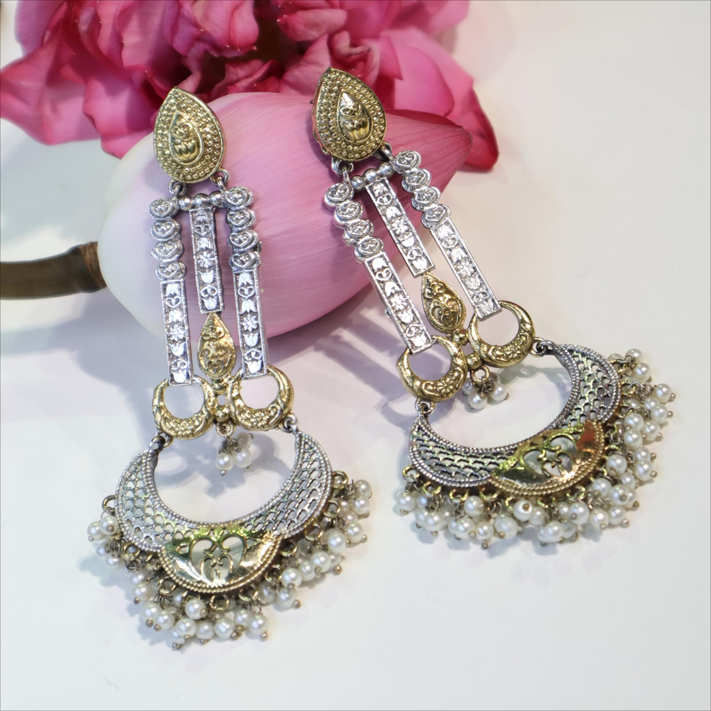 Gold-Silver Pearl Drop Earrings -SIA452175