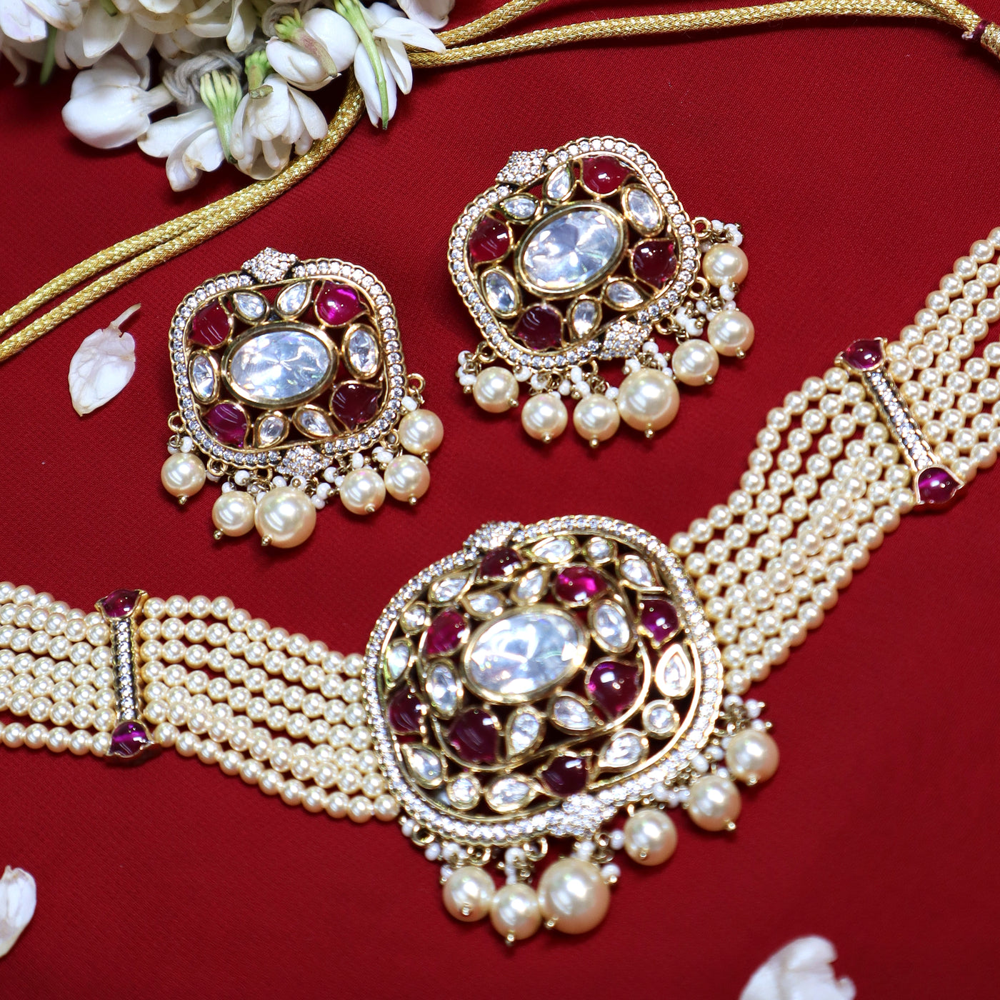 Pink Kundan & Pearl Choker Set - SIA452420