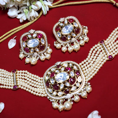 Pink Kundan & Pearl Choker Set - SIA452420