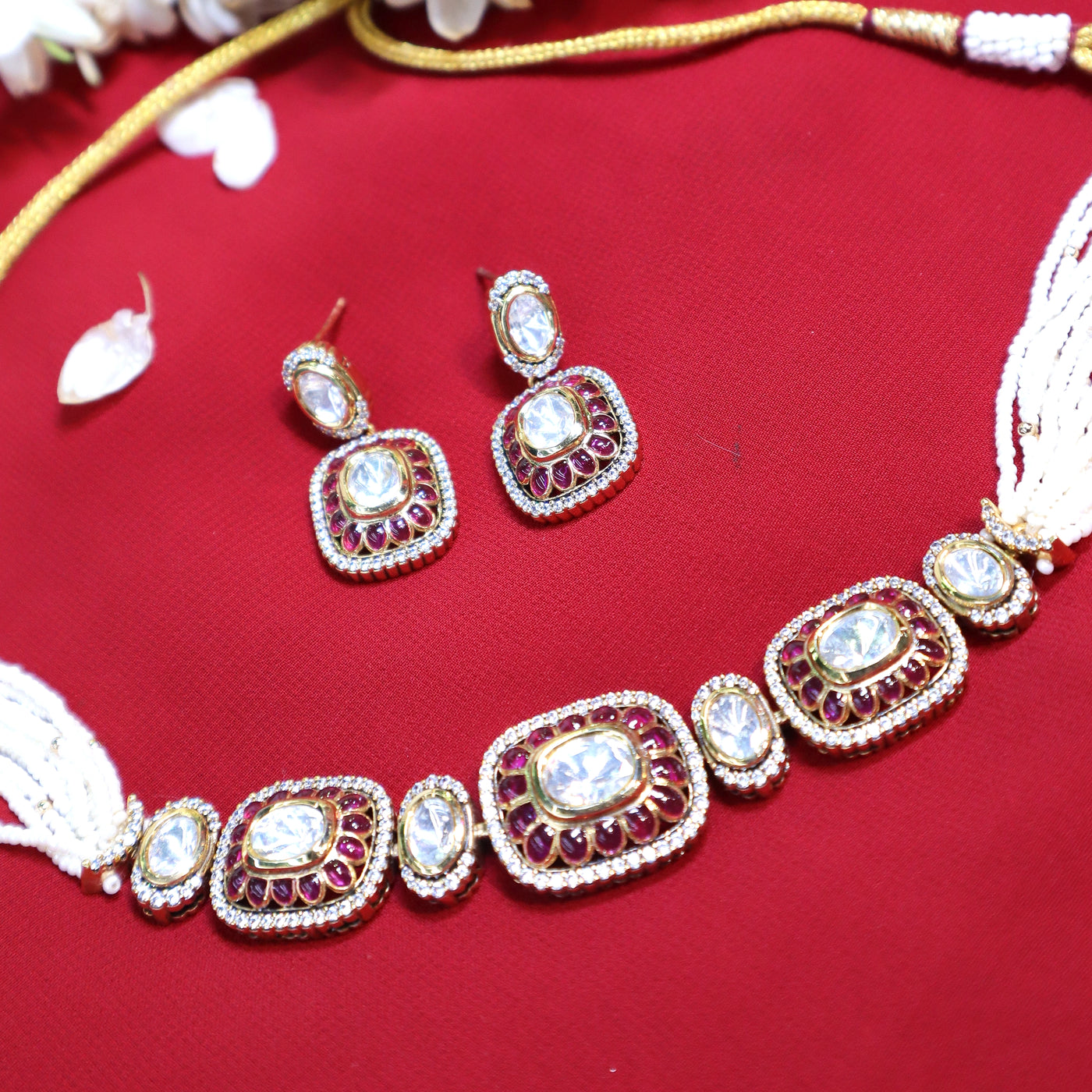 Ruby Red Polki Kundan Choker with Square Motif & White Pearl Earrings - SIA452424