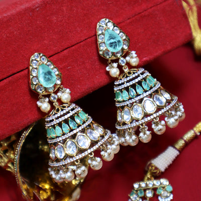 Emerald Teardrop Kundan Necklace Set with Jhumka Earrings - SIA452436