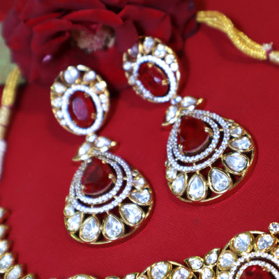 Ruby Red Teardrop Kundan Necklace Set with Oval Accents - SIA452426