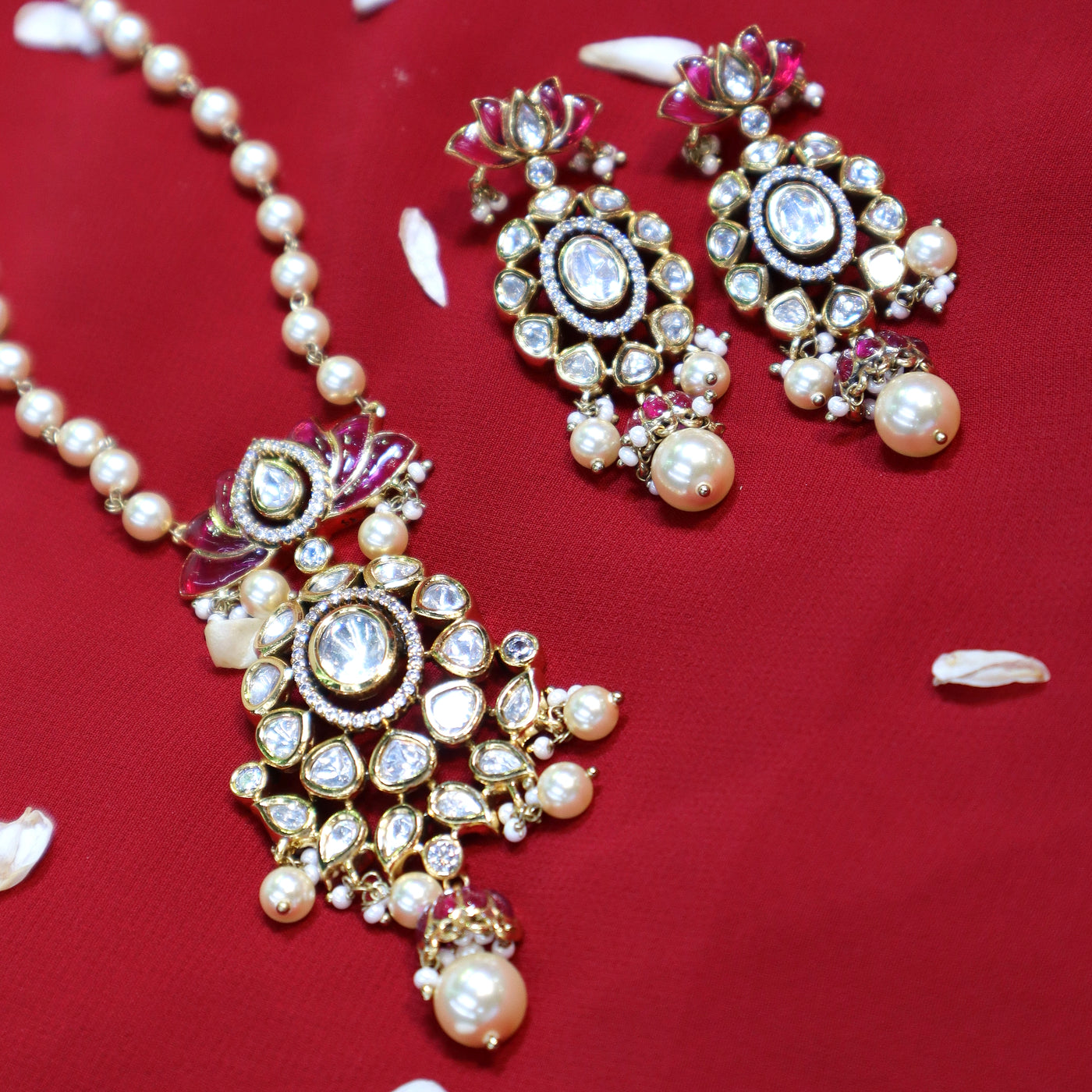 Gold-Toned Kundan Pink Meenakari Lotus Pearl Drop Necklace Set - SIA452428