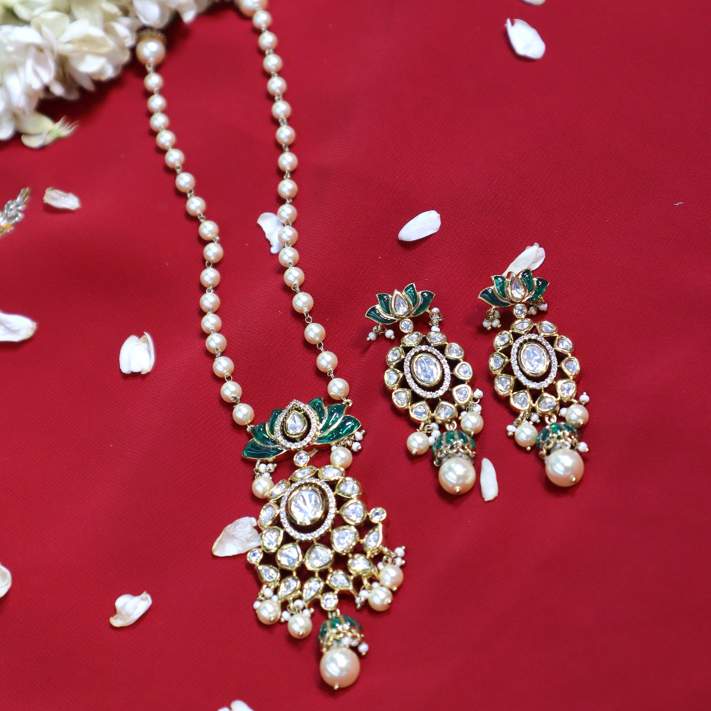 Emerald Lotus Kundan-Pearl Necklace Set - SIA452429
