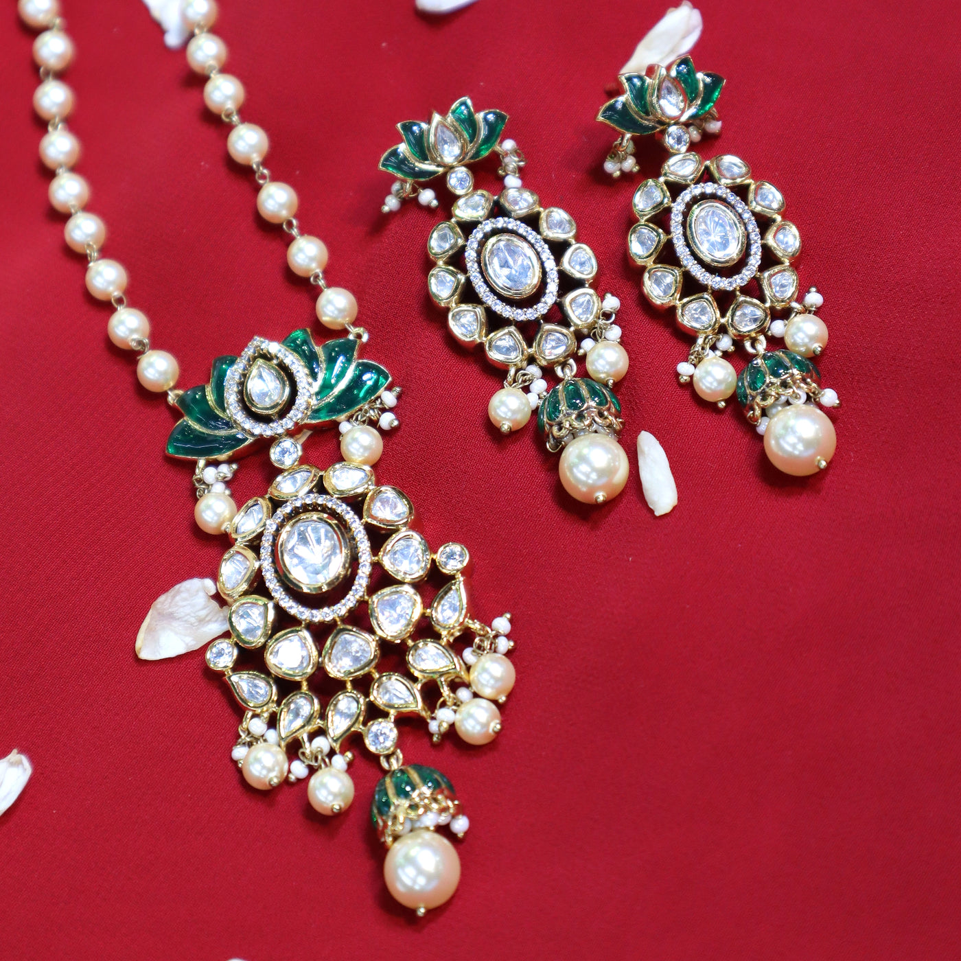 Emerald Lotus Kundan-Pearl Necklace Set - SIA452429