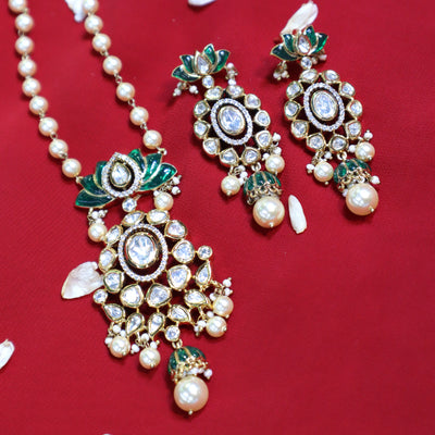 Emerald Lotus Kundan-Pearl Necklace Set - SIA452429
