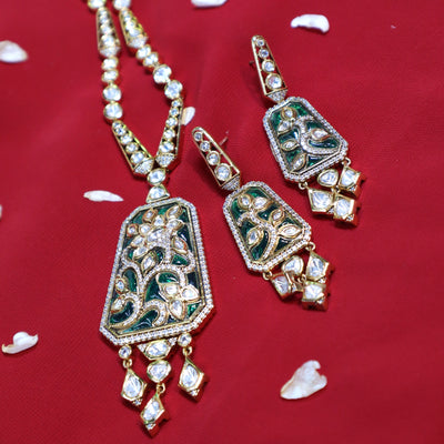 Emerald Green Enamel & Polki Floral Necklace Set - SIA452415