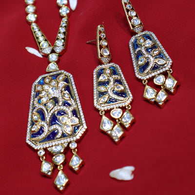 Blue Meenakari Kundan Geometric Floral Necklace Set - SIA452416
