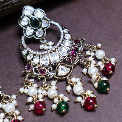 Kundan Earrings with Red and Green Beads - SIA448072