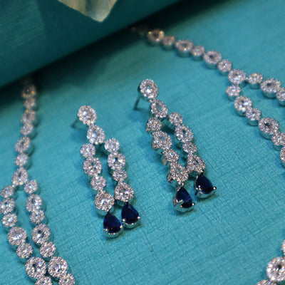 Rhodium-Plated Double-Layered CZ & Dark Blue Teardrop Necklace Set - SIA452325