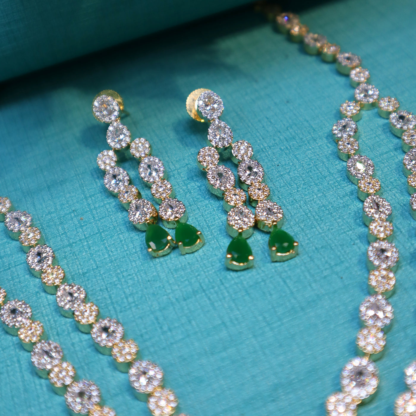 Gold-Plated CZ Double-Layered Green Necklace Set - SIA452320