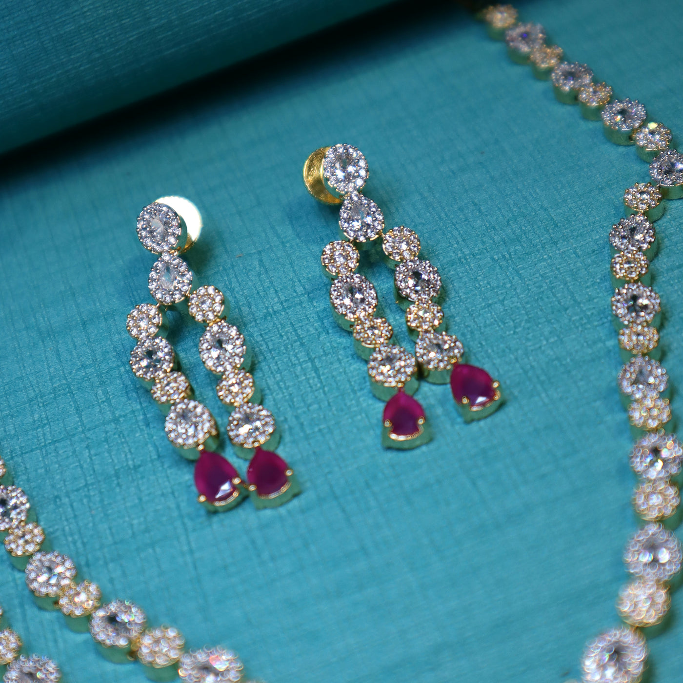 Gold-Plated CZ Double-Layered Red Necklace Set - SIA452319