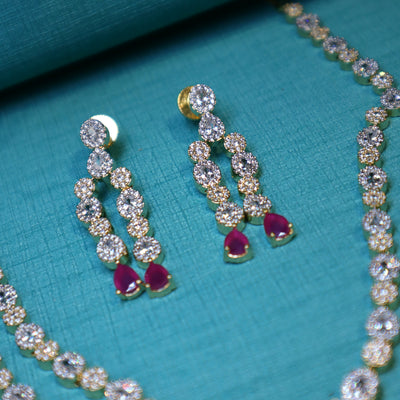 Gold-Plated CZ Double-Layered Red Necklace Set - SIA452319