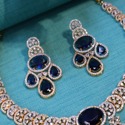 Gold-Plated Dark Blue CZ Necklace Set - SIA452311