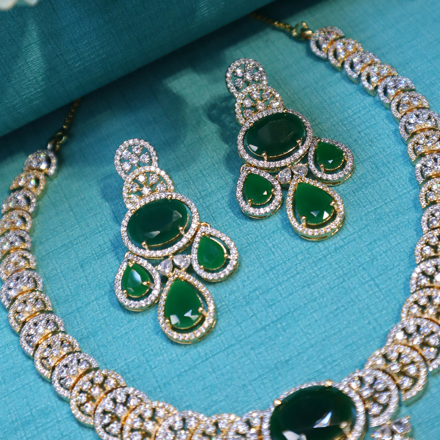 Gold-Plated Green CZ Necklace Set - SIA452310
