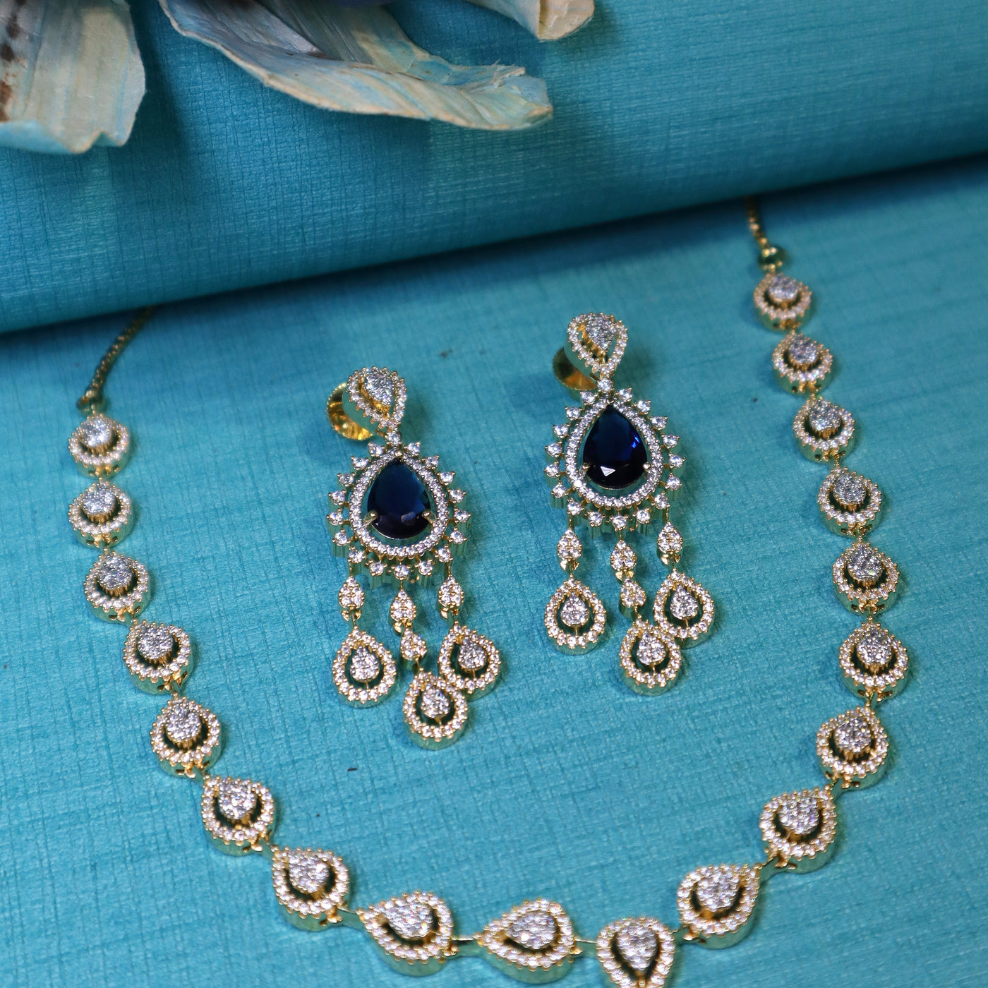 Gold-Plated Dark Blue & CZ Teardrop Necklace Set - SIA452332