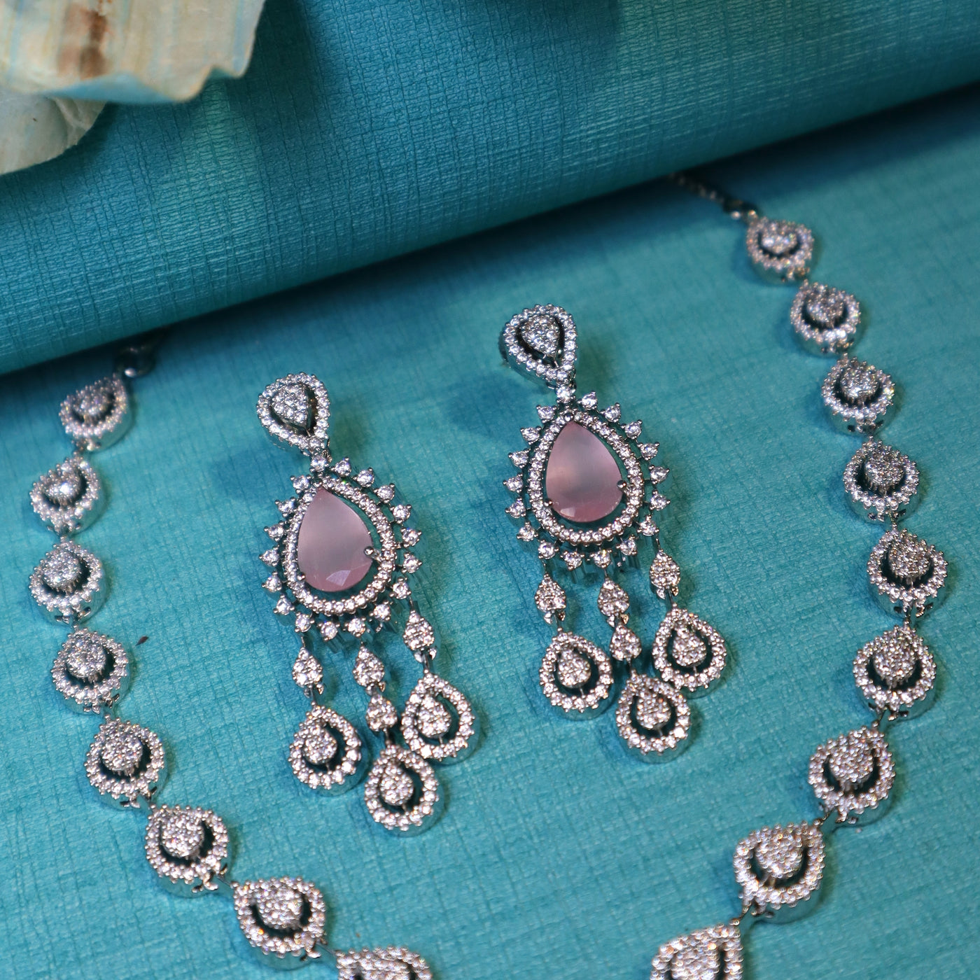 Rhodium-Plated Pink CZ &Teardrop Necklace set - SIA452337