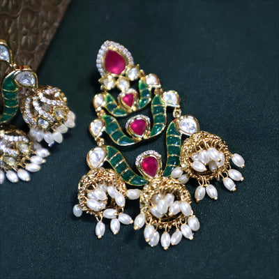 Jadau Kundan Earrings with Ruby and Green Enamel - SIA452563
